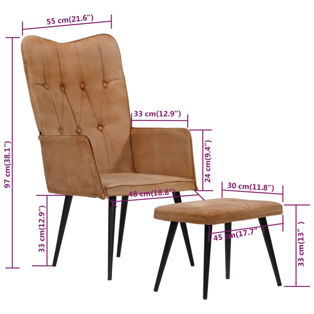 Sillón orejero Anturio con reposapiés marrón 97x55x41 cm medidas