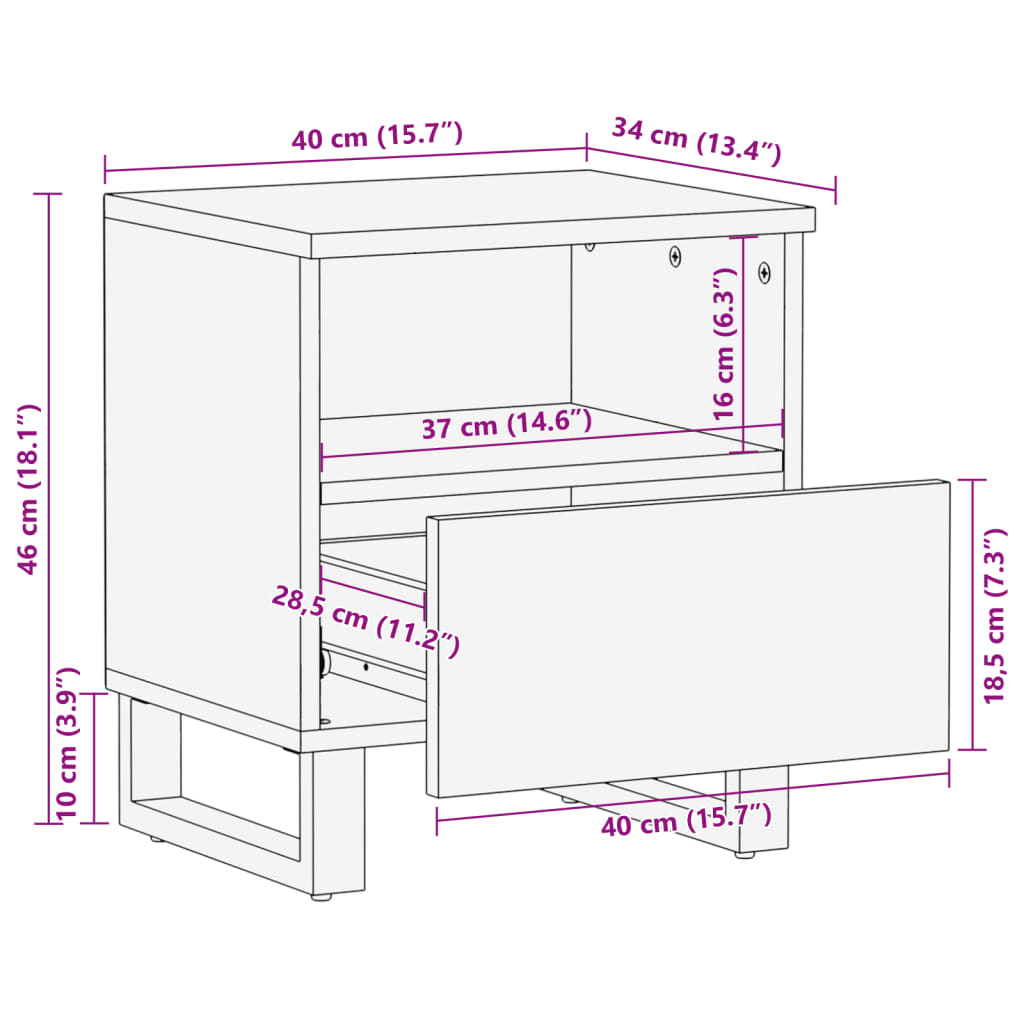 Mesita de noche Yuca 1 cajón + compartimento madera reciclada multicolor 46x40x34 cm medidas