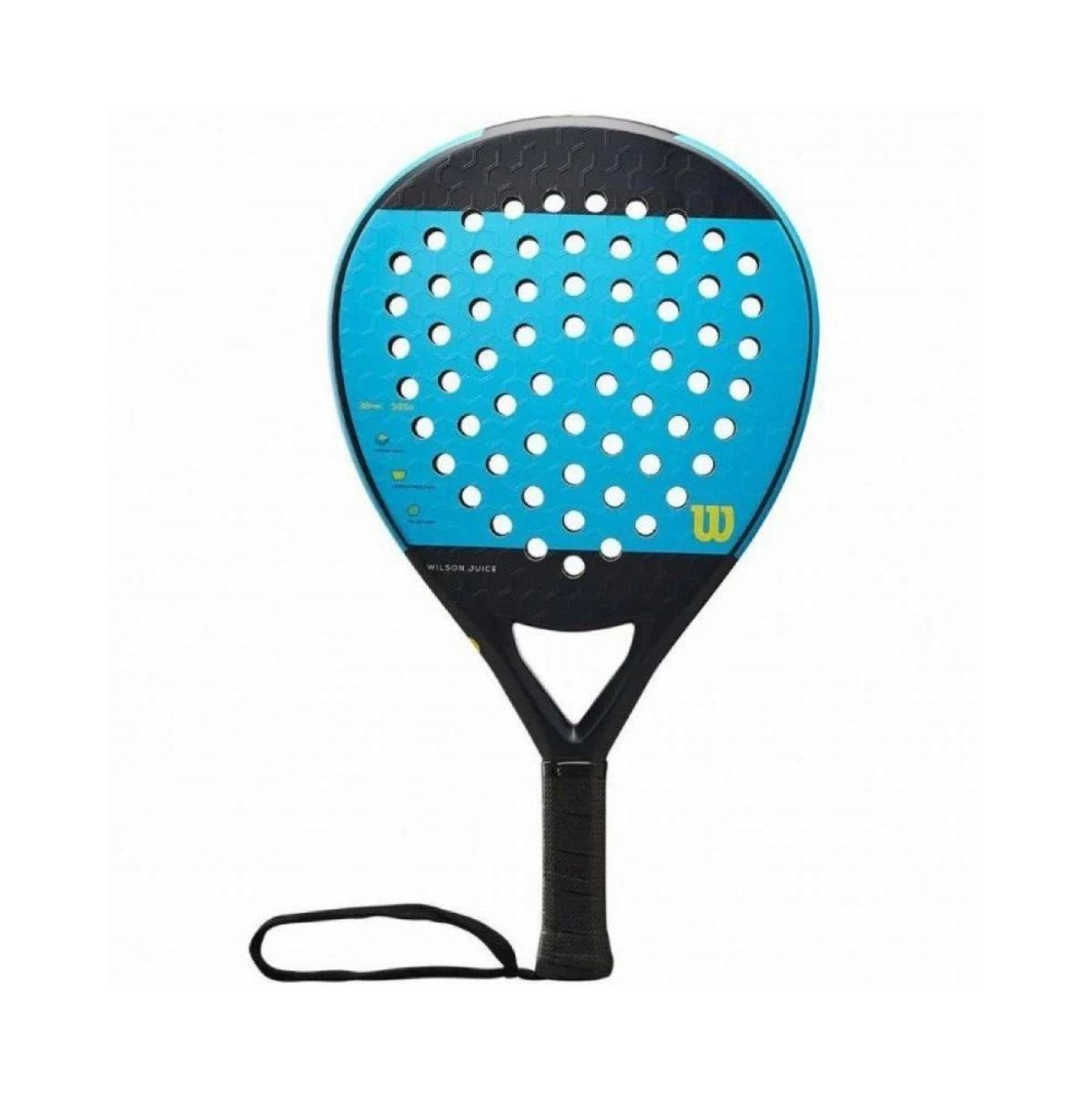 Pala de pádel Wilson Juice 2 forma lágrima fibra de carbono intermedio-avanzado azul/negro 365 gr fondo blanco