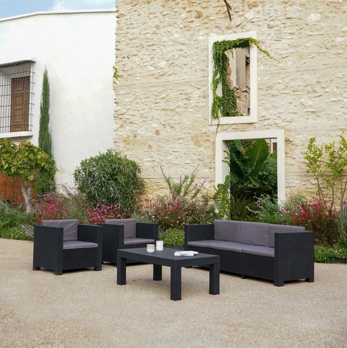 Conjunto de jardín Diva Tropea 2 sillones + 1 sofá 3P + mesa de centro antracita animada