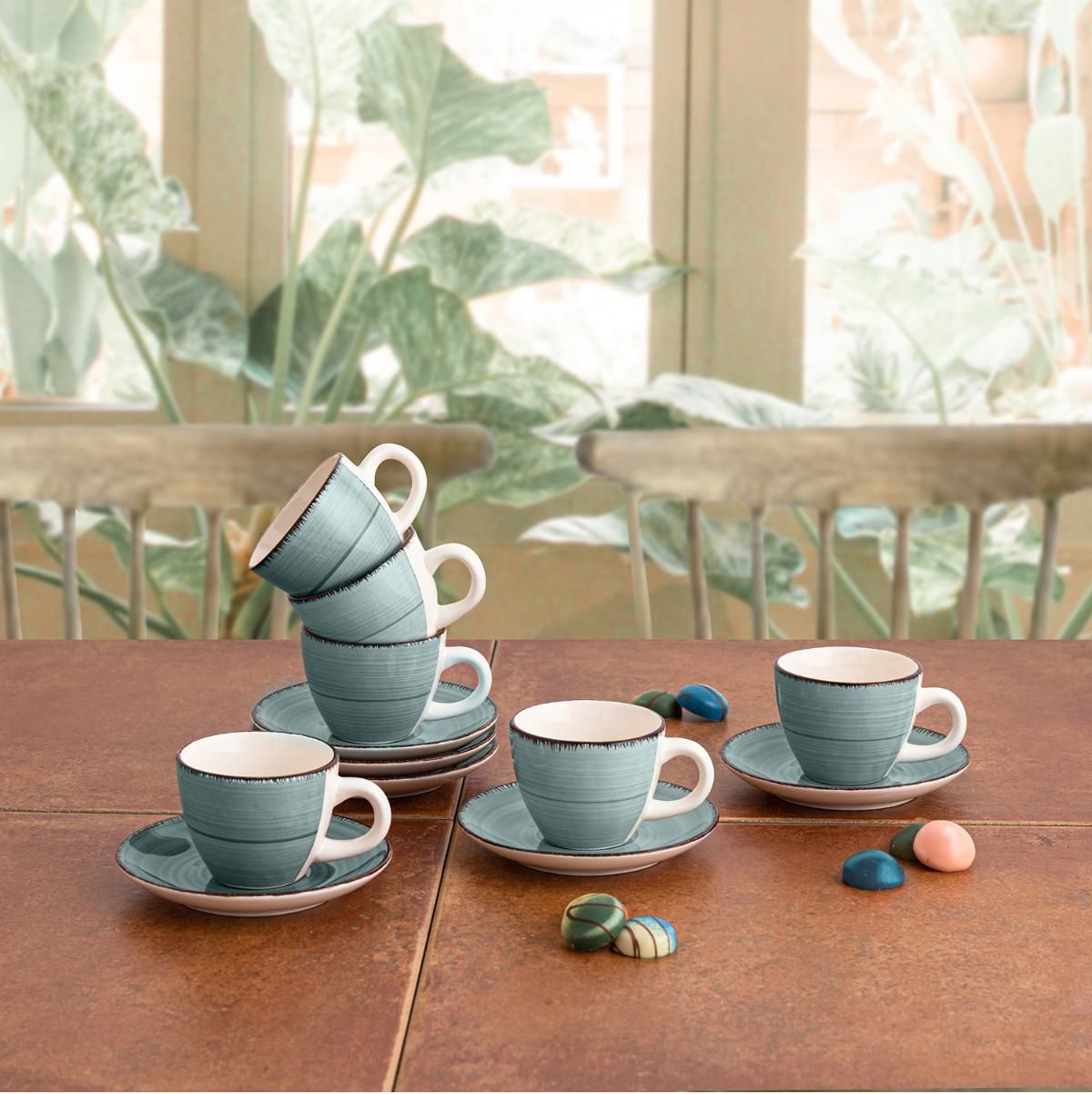 Pack de 6 tazas Vita Morning Quid con platillo cerámica turquesa 9 cl animada