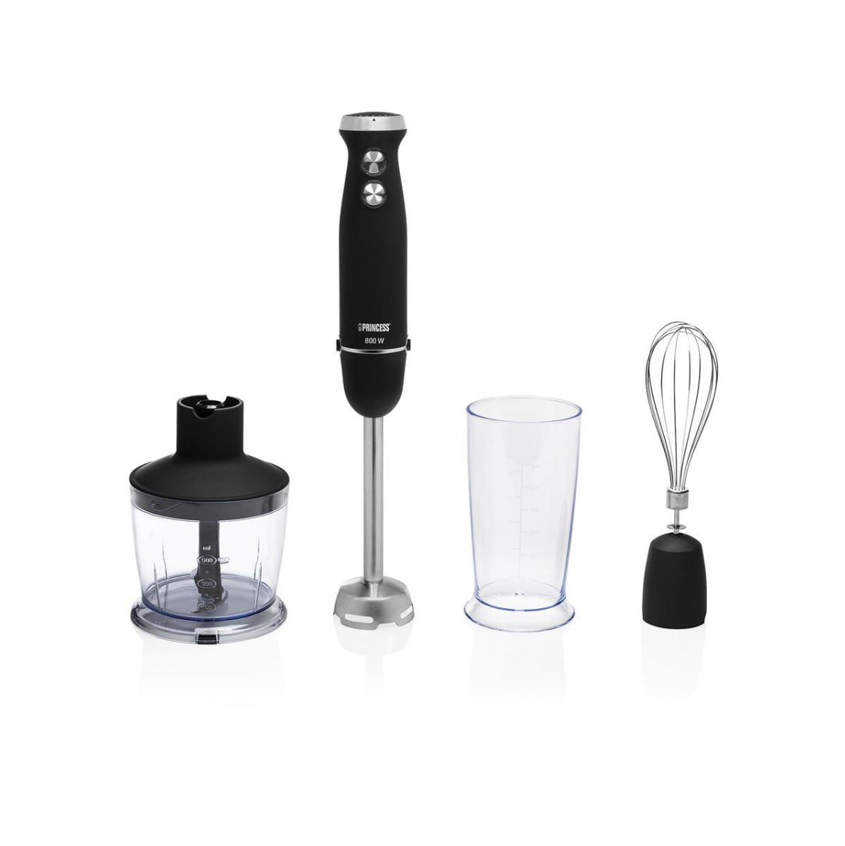 Batidora-de-mano-Princess-221220-800W-25-velocidades---accesorios-negros-fondo-blanco