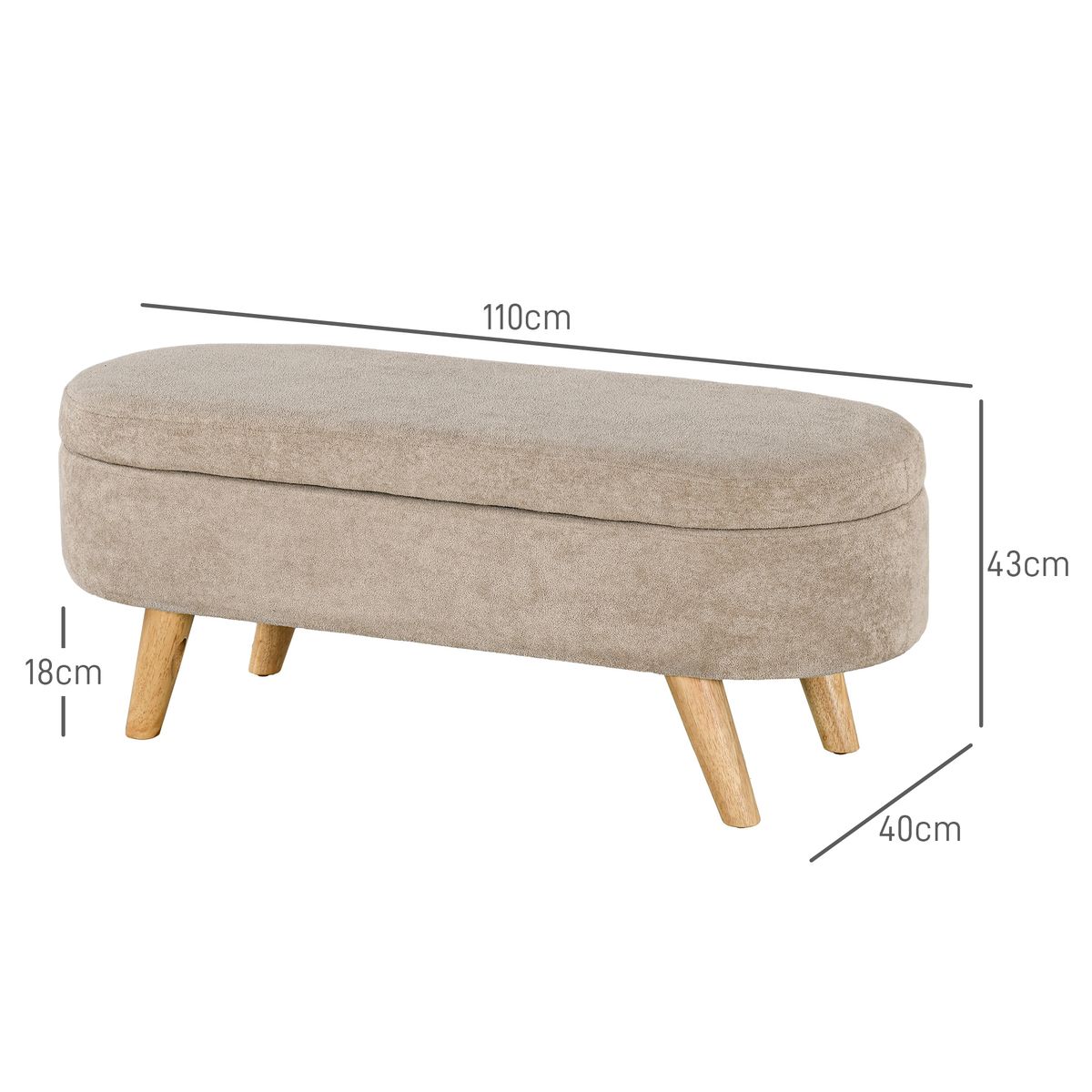 Banco de almacenaje Lavanda Homcom con patas asiento acolchado beige 43x110x40 cm medidas
