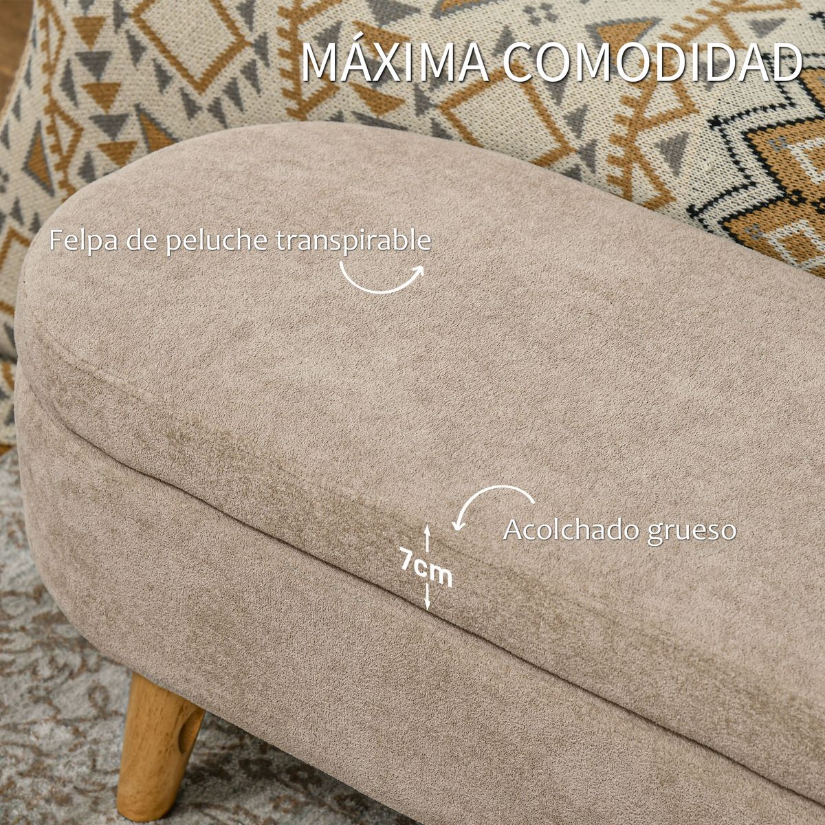 Banco de almacenaje Lavanda Homcom con patas asiento acolchado beige 43x110x40 cm detalle