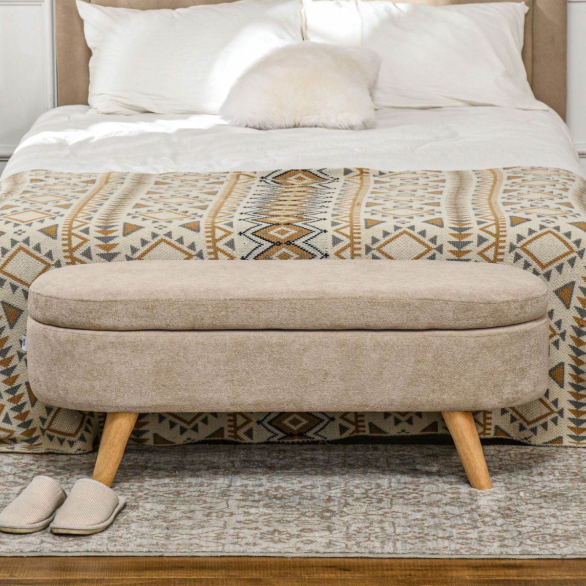 Banco de almacenaje Lavanda Homcom con patas asiento acolchado beige 43x110x40 cm