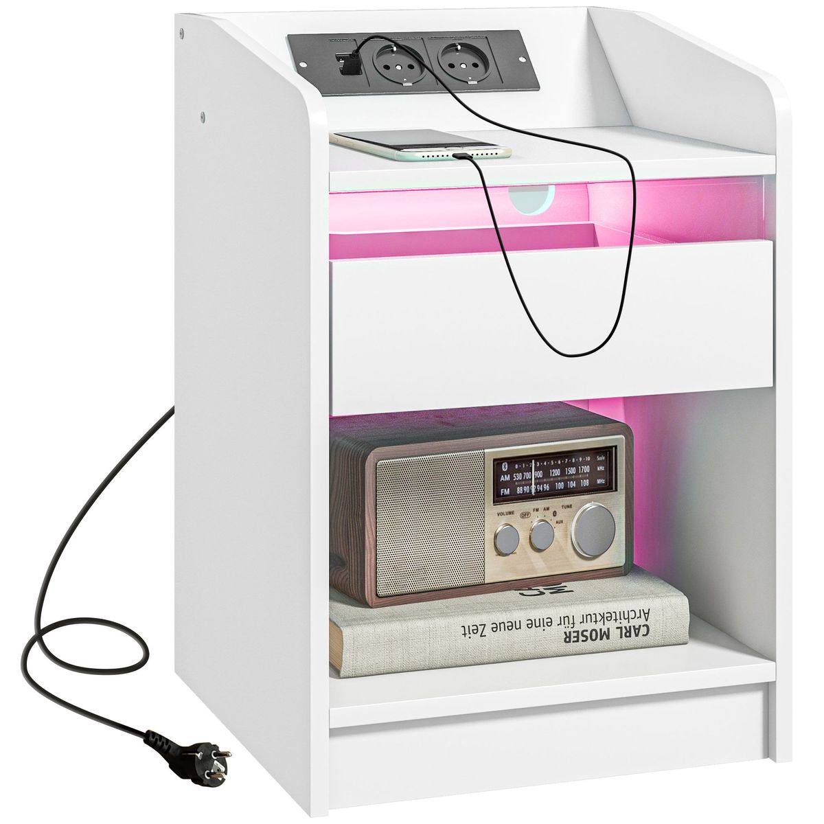Mesita de noche Salvia Homcom luces LED + cajón + puerto USB blanco 58x40 cm fondo blanco