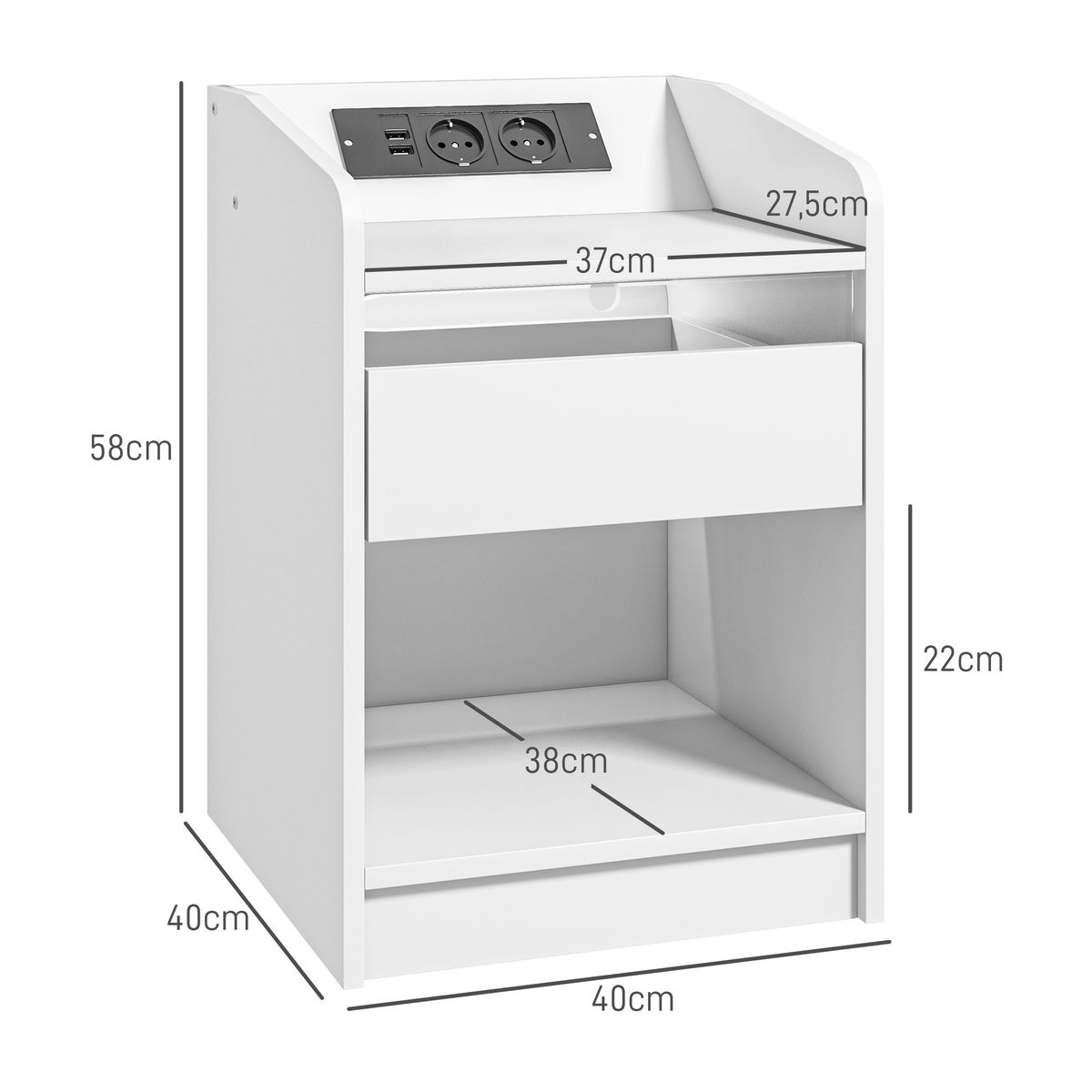 Mesita de noche Salvia Homcom luces LED + cajón + puerto USB blanco 58x40 cm medidas
