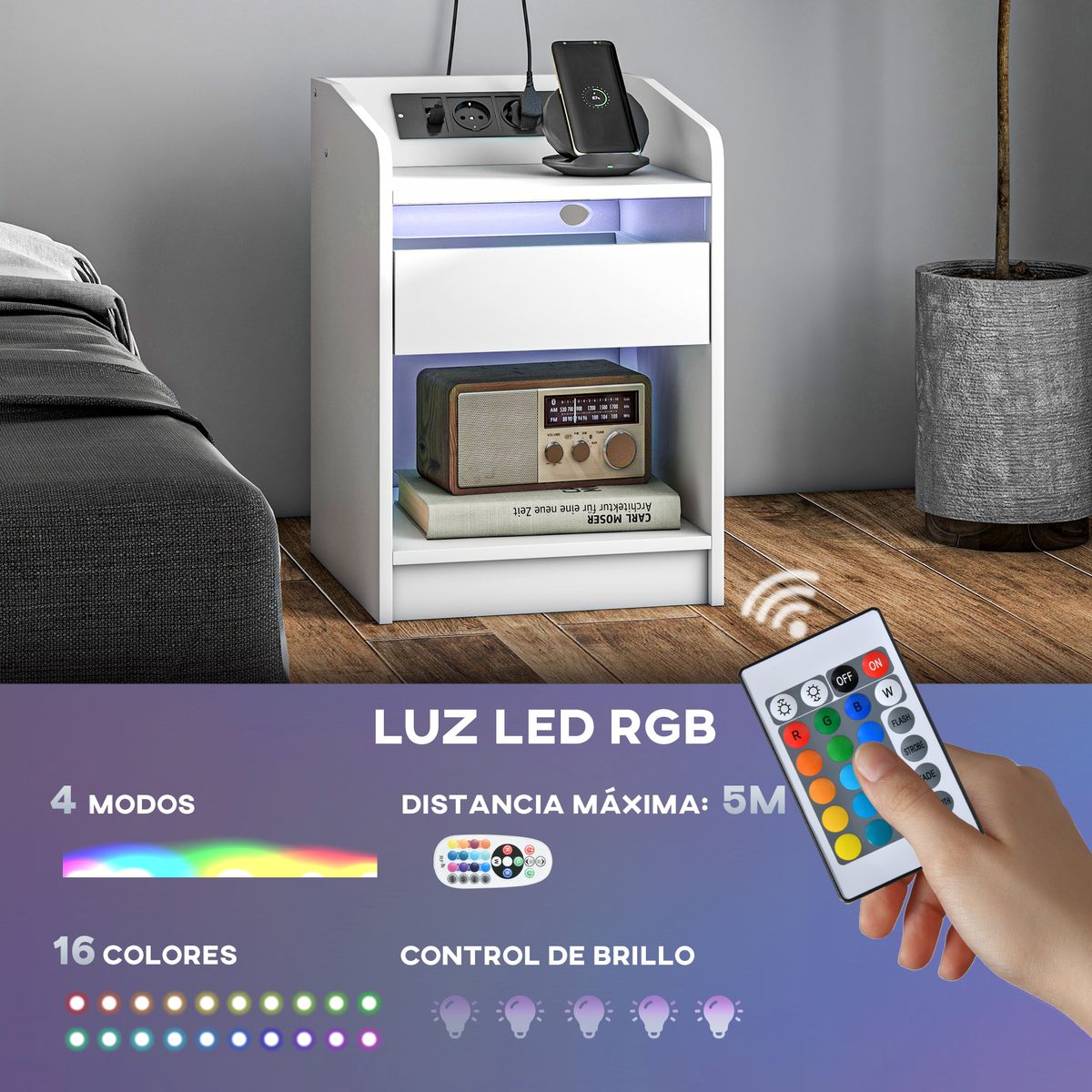 Mesita de noche Salvia Homcom luces LED + cajón + puerto USB blanco 58x40 cm web