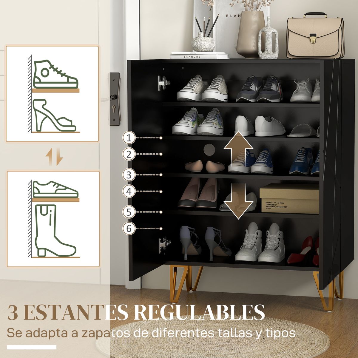 Zapatero Pro Homcom 2 puertas + 5 estantes negro 97x72x31,5 cm
