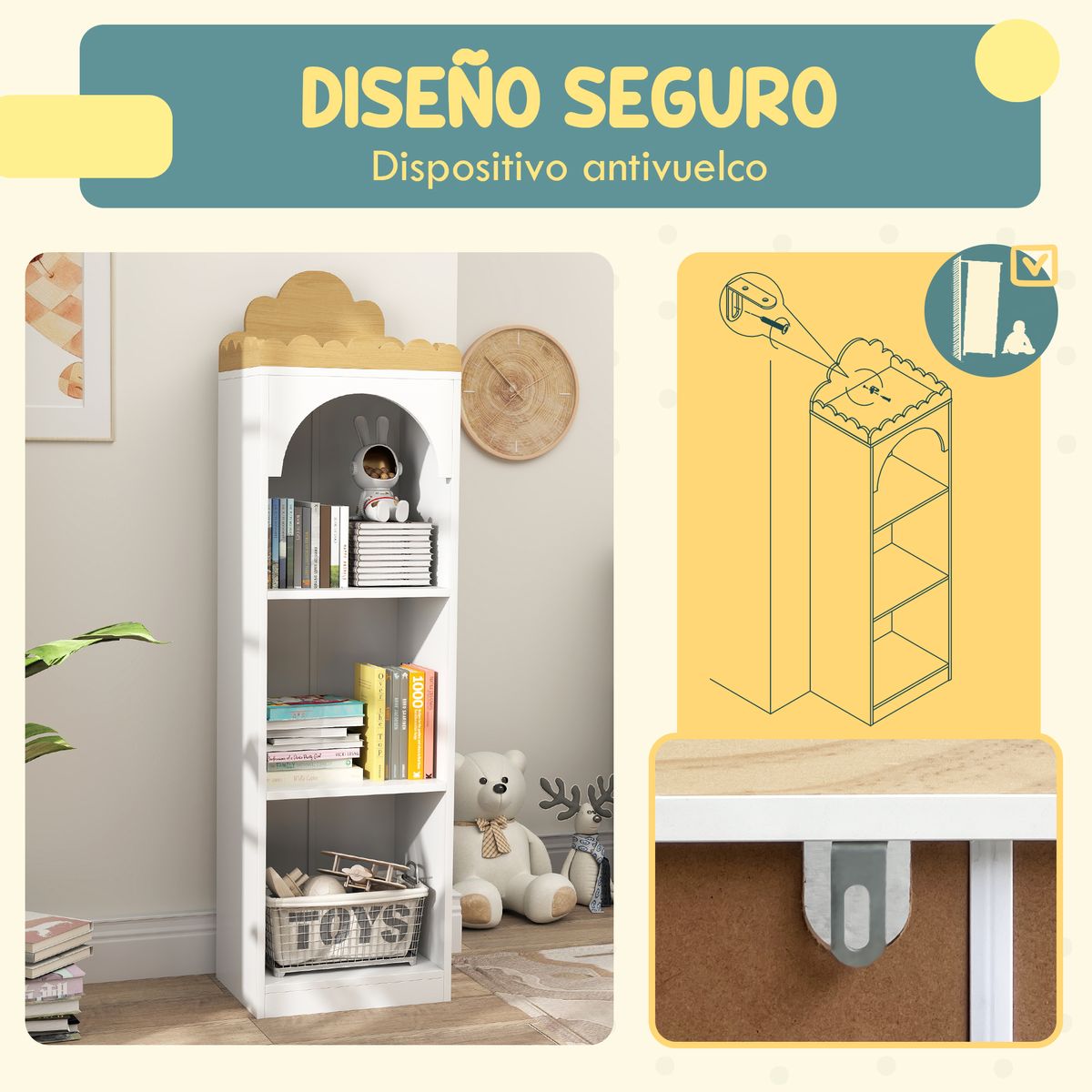 Estantería infantil Camelia Aiyaplay 3 estantes +3A blanco/natural 139,5x40x30 cm