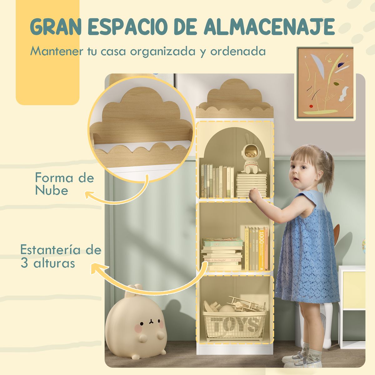 Estantería infantil Camelia Aiyaplay 3 estantes +3A blanco/natural 139,5x40x30 cm