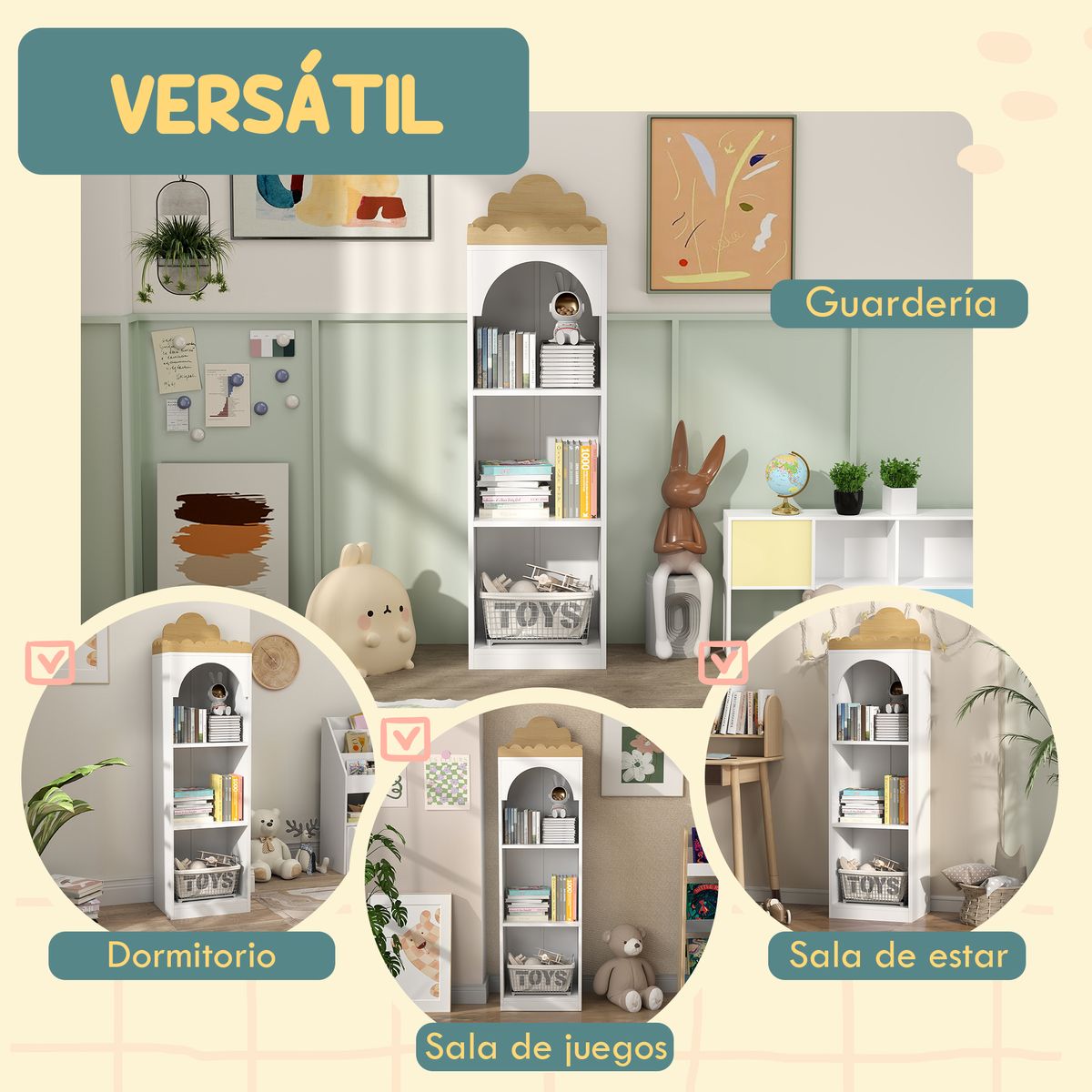 Estantería infantil Camelia Aiyaplay 3 estantes +3A blanco/natural 139,5x40x30 cm