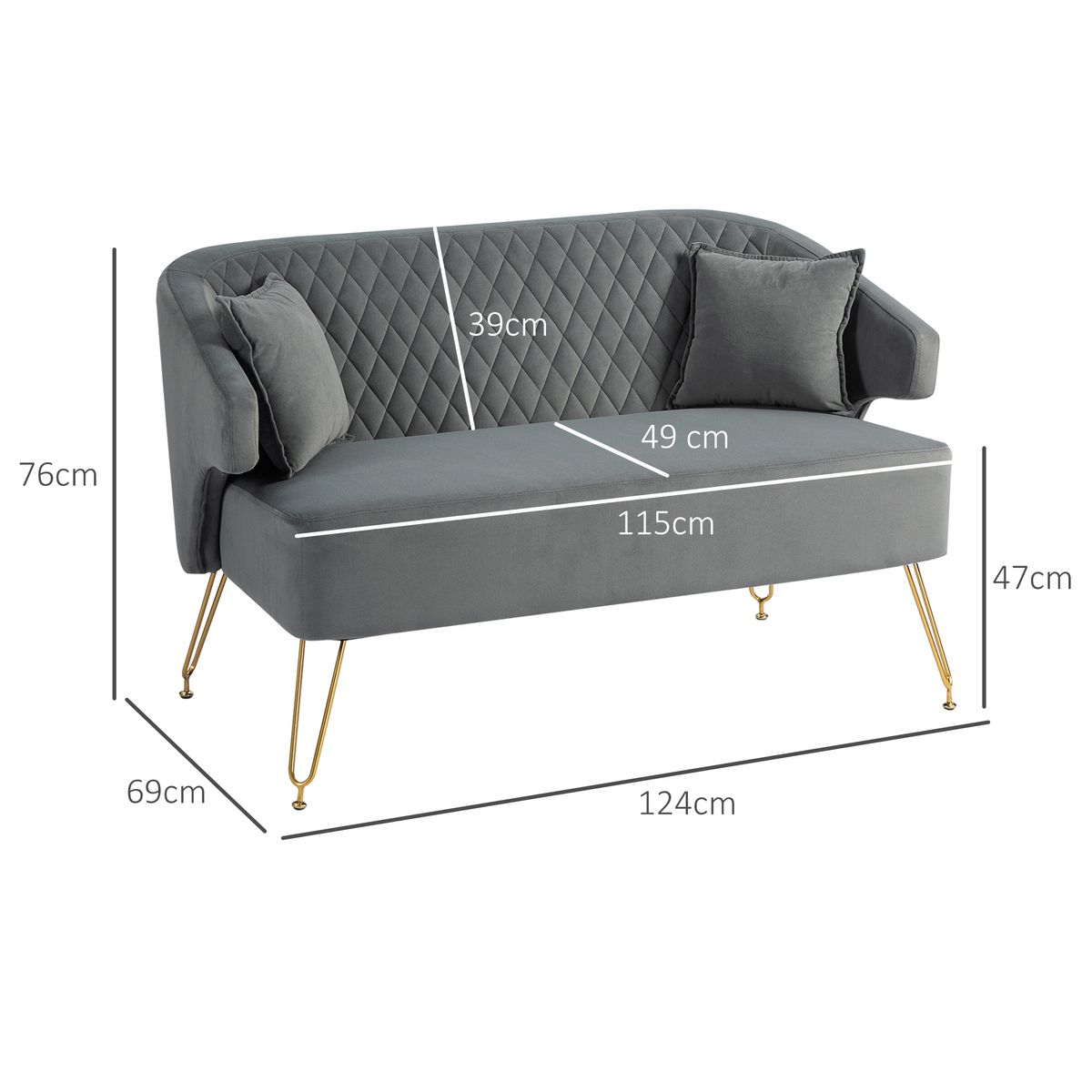 Sofá Azaki Homcom 2 plazas + almohadas + reposabrazos gris 76x124x69 cm