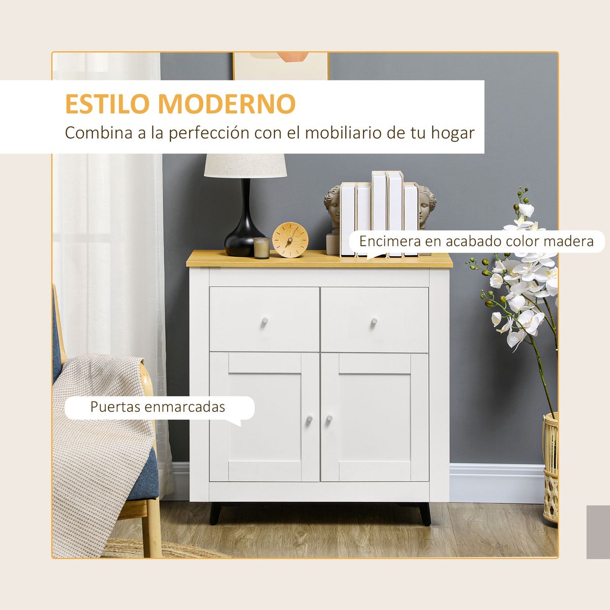 Aparador Tulipa Homcom 2 cajones + armario blanco 80x78x35 cm web