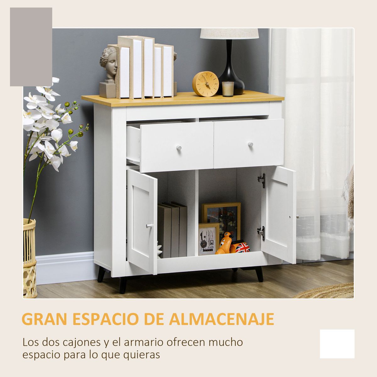 Aparador Tulipa Homcom 2 cajones + armario blanco 80x78x35 cm interior