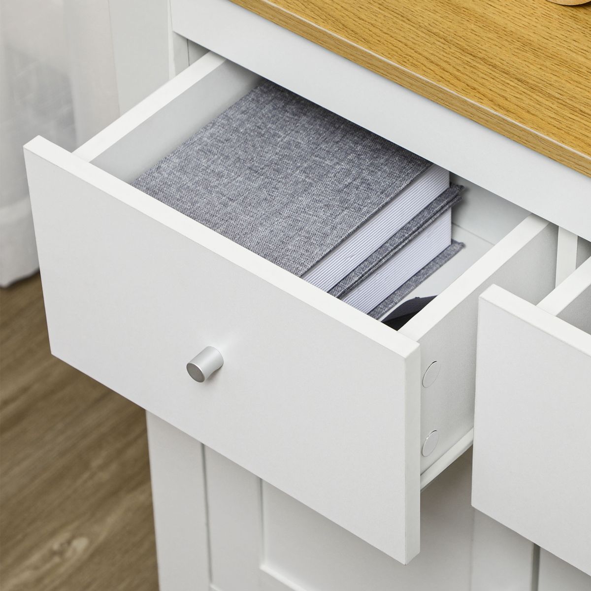 Aparador Tulipa Homcom 2 cajones + armario blanco 80x78x35 cm interior detalles