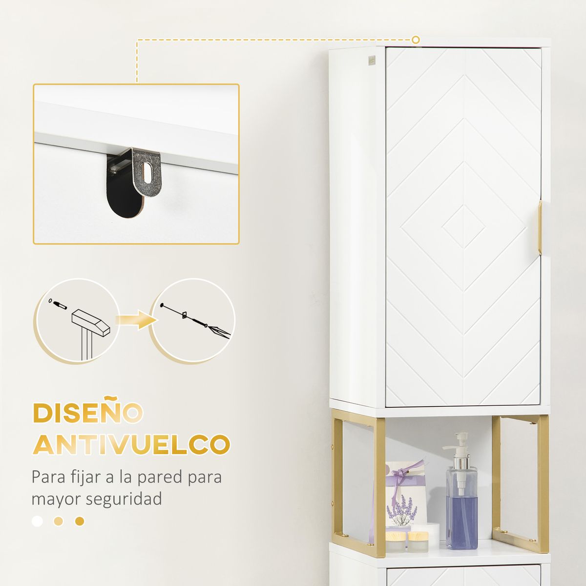 Armario auxiliar Oro Kleankin 2 armarios + compartimento blanco 170,7x30x30 cm
