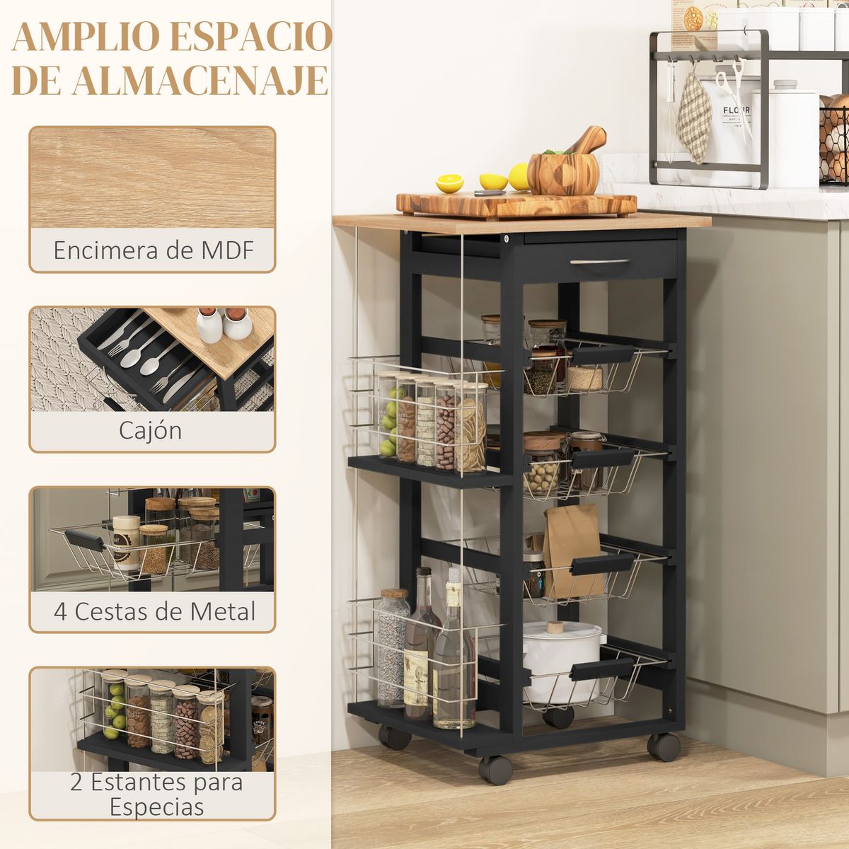 Carrito auxiliar Lantana Homcom 4 niveles + cajón negro/natural 83x47x37 cm web