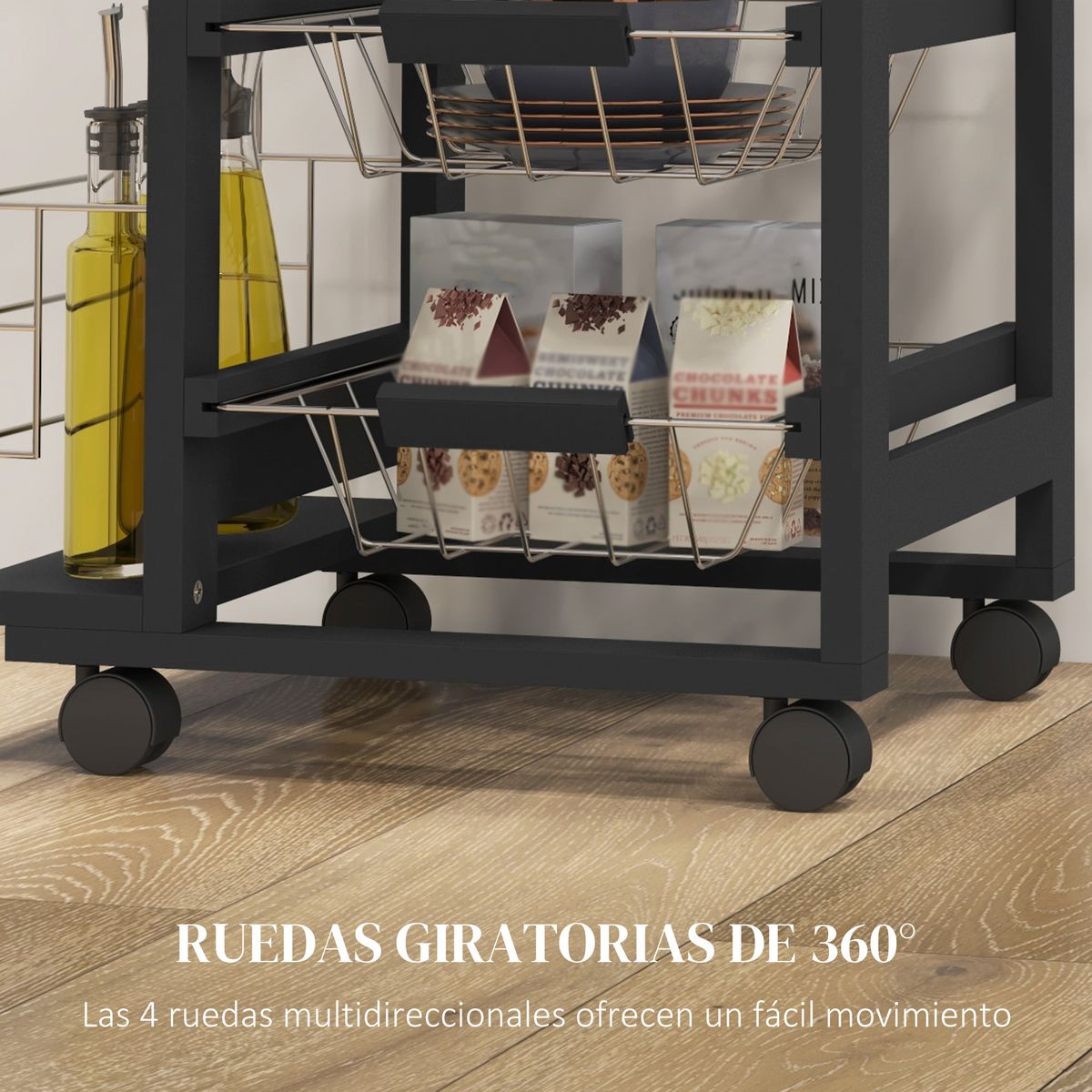 Carrito auxiliar Lantana Homcom 4 niveles + cajón negro/natural 83x47x37 cm ruedas