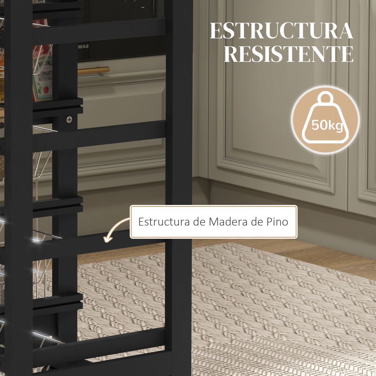 Carrito auxiliar Lantana Homcom 4 niveles + cajón negro/natural 83x47x37 cm