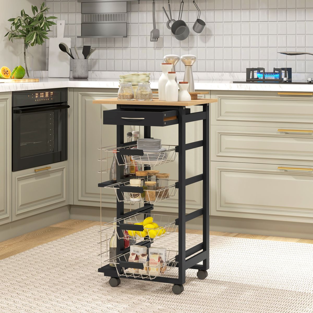 Carrito auxiliar Lantana Homcom 4 niveles + cajón negro/natural 83x47x37 cm