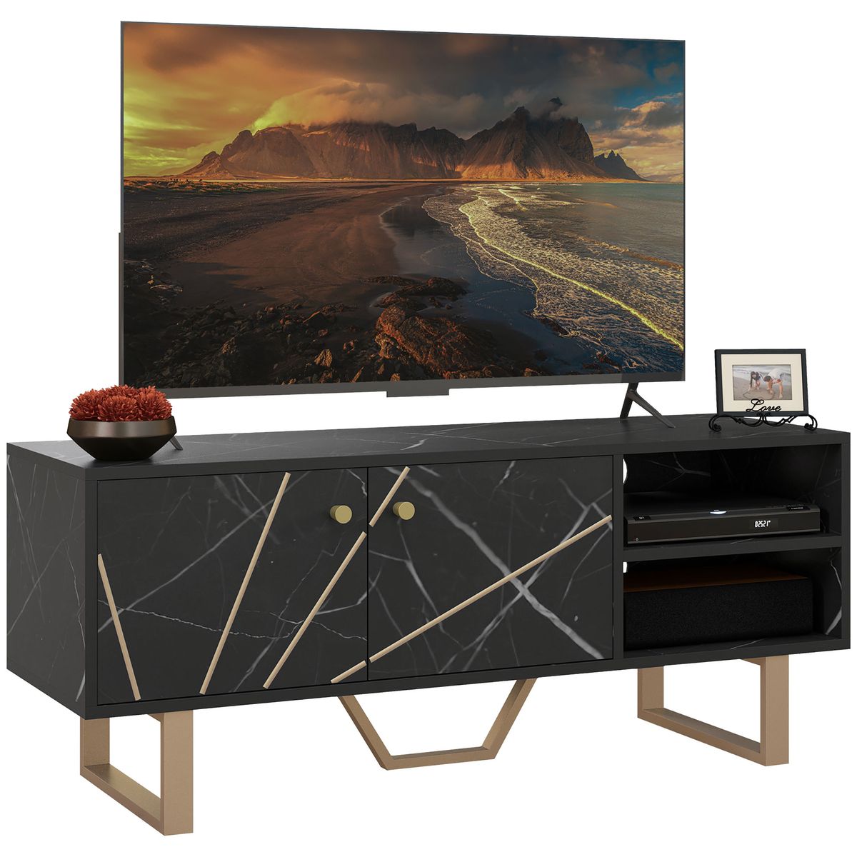 Mueble de TV Pangio Homcom 2 puertas + 2 compartimentos negro 45x110x35 cm fondo blanco