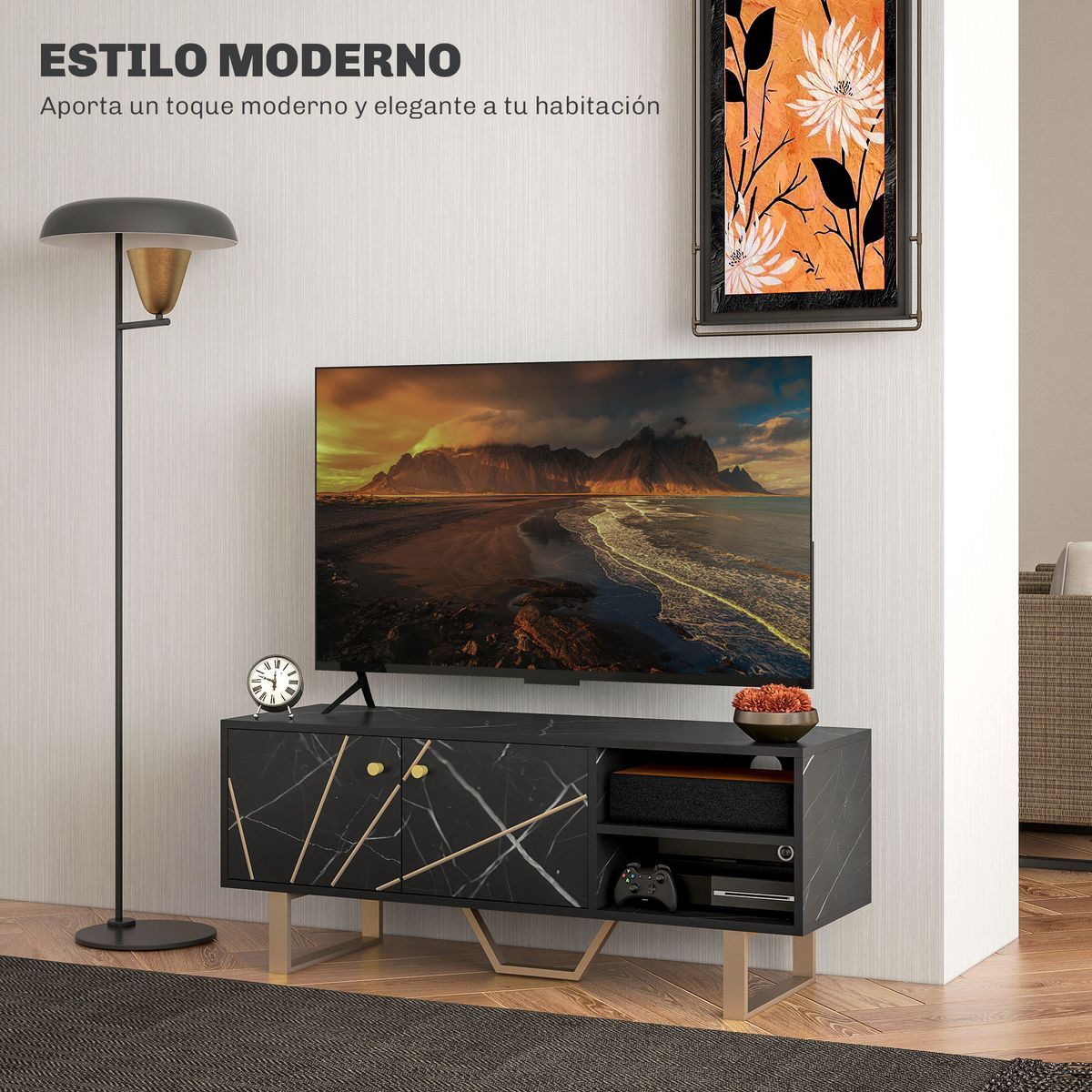 Mueble de TV Pangio Homcom 2 puertas + 2 compartimentos negro 45x110x35 cm lateral