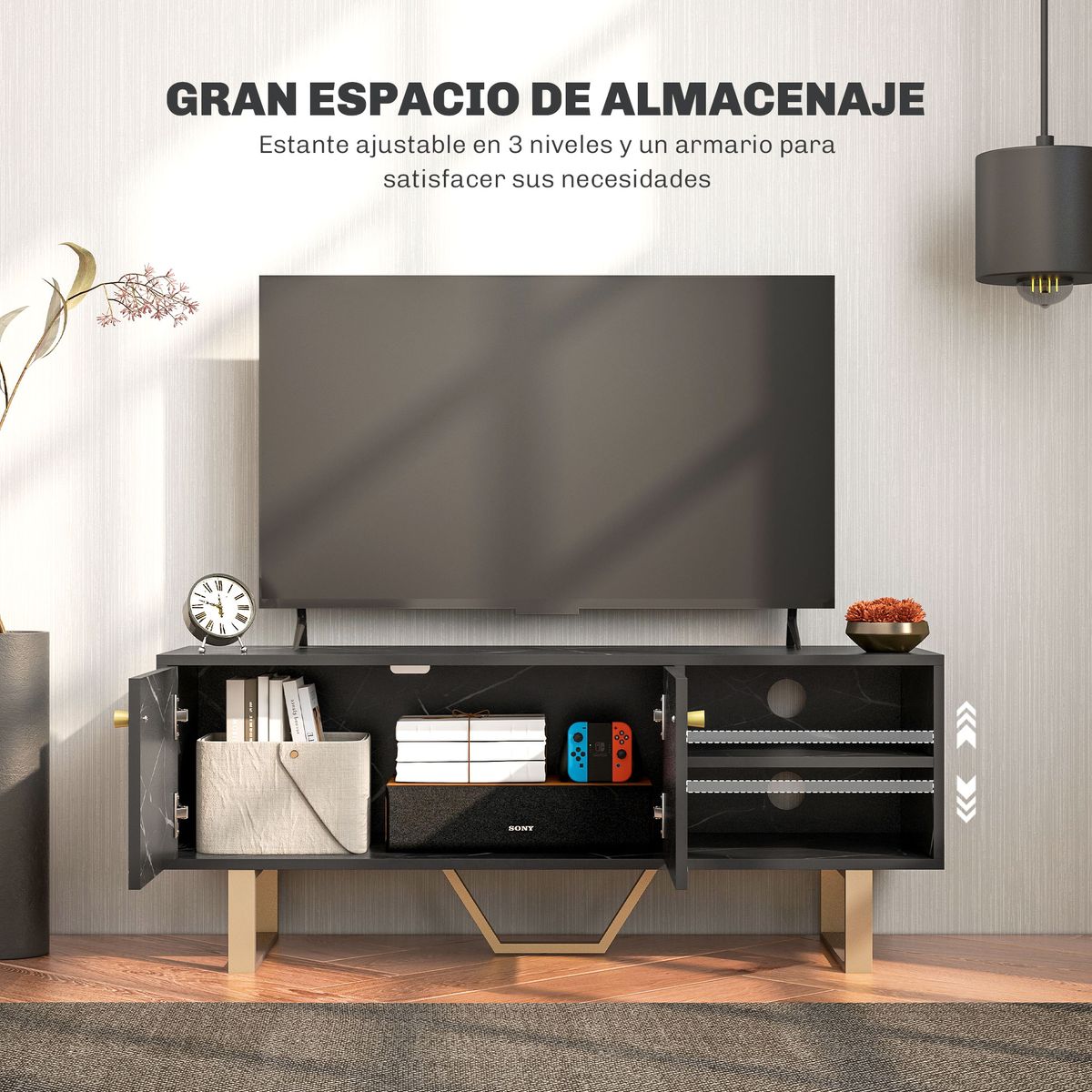 Mueble de TV Pangio Homcom 2 puertas + 2 compartimentos negro 45x110x35 cm frontal
