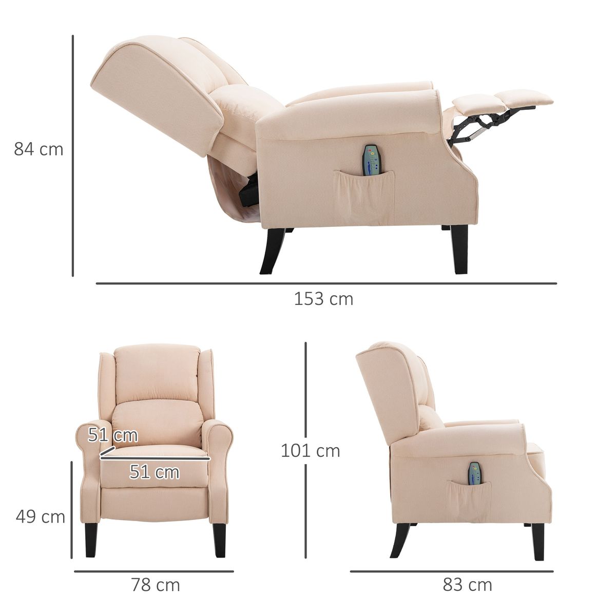 Sillón de masaje Madreselva Homcom reclinable con mando a distancia crema 101x78x83-153 cm medidas