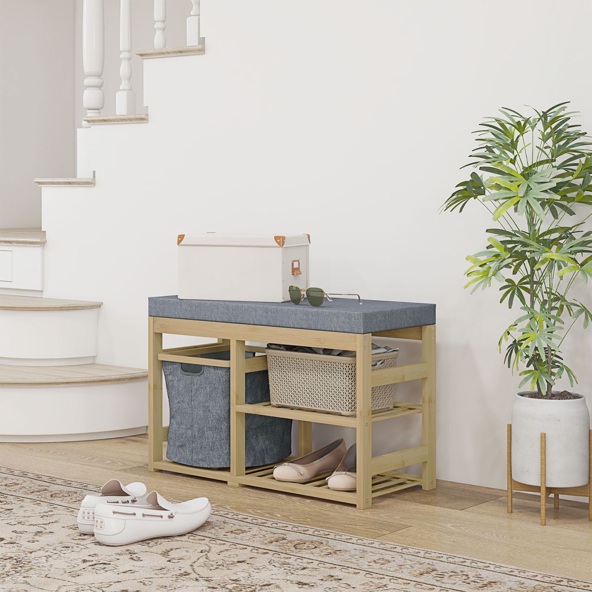 Banco zapatero Bamboo Homcom cesta extraíble + 2 estantes natural 45x69x30 cm