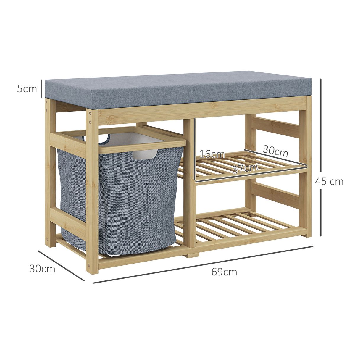 Banco zapatero Bamboo Homcom cesta extraíble + 2 estantes natural 45x69x30 cm