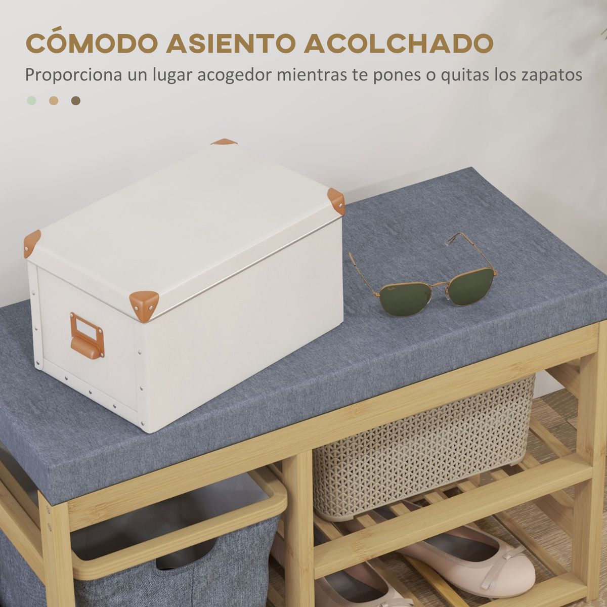 Banco zapatero Bamboo Homcom cesta extraíble + 2 estantes natural 45x69x30 cm