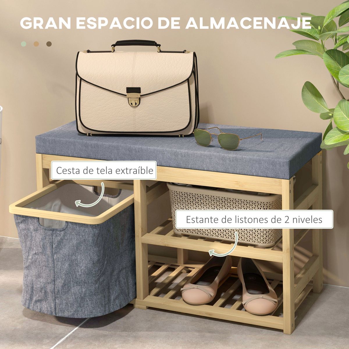 Banco zapatero Bamboo Homcom cesta extraíble + 2 estantes natural 45x69x30 cm