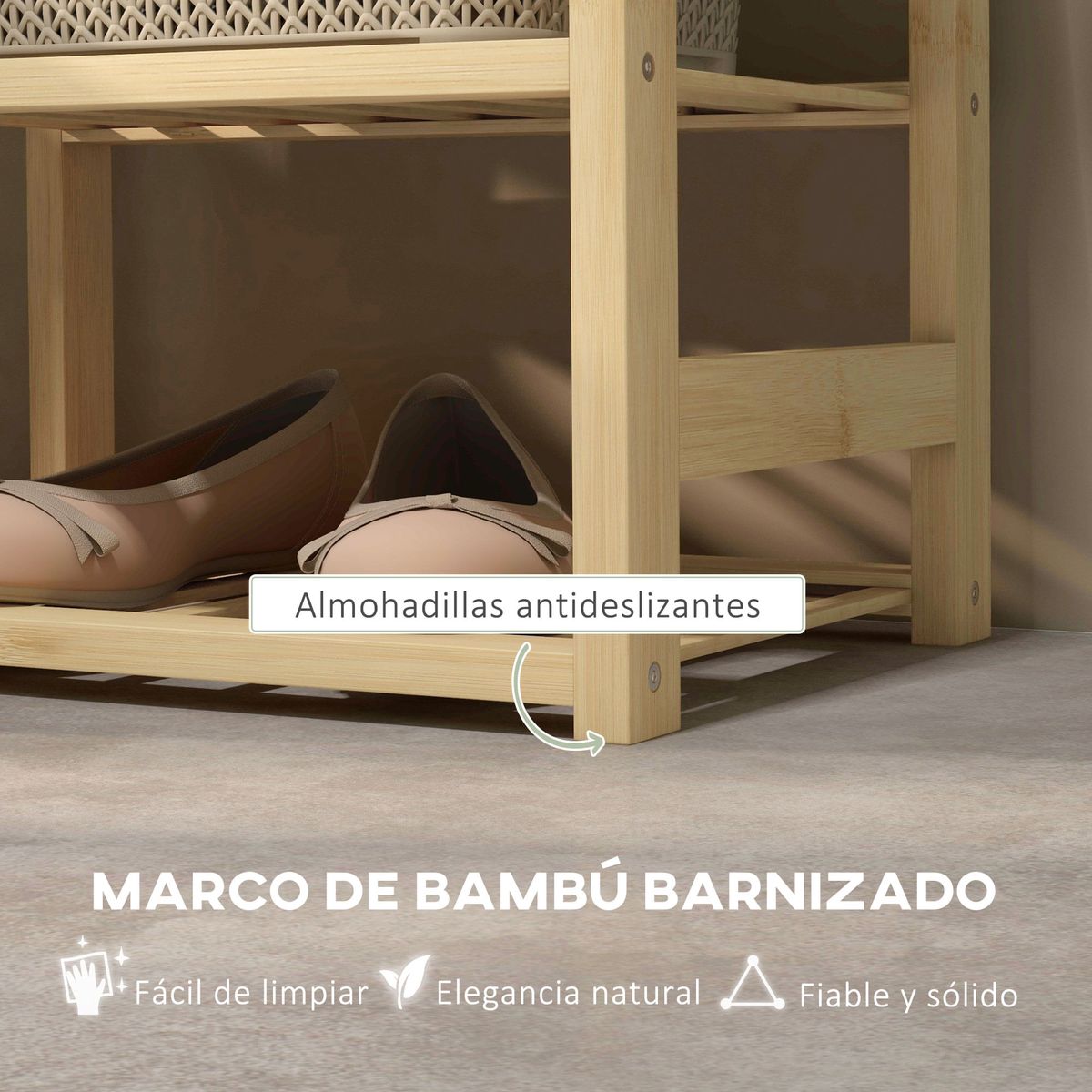 Banco zapatero Bamboo Homcom cesta extraíble + 2 estantes natural 45x69x30 cm