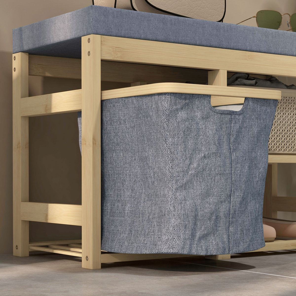 Banco zapatero Bamboo Homcom cesta extraíble + 2 estantes natural 45x69x30 cm