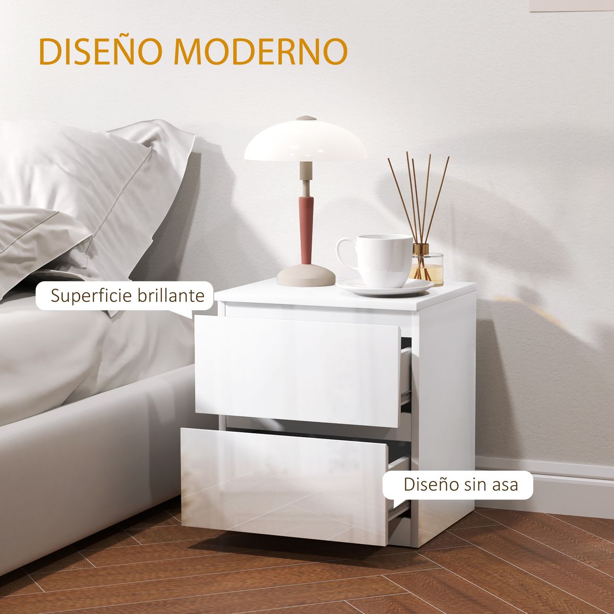 Mesita de noche Amazonita Homcom 2 cajones blanco brillo 45x40x34 cm