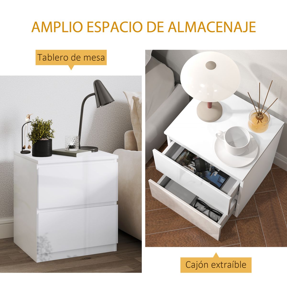 Mesita de noche Amazonita Homcom 2 cajones blanco brillo 45x40x34 cm