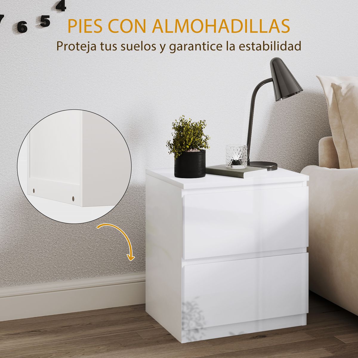 Mesita de noche Amazonita Homcom 2 cajones blanco brillo 45x40x34 cm