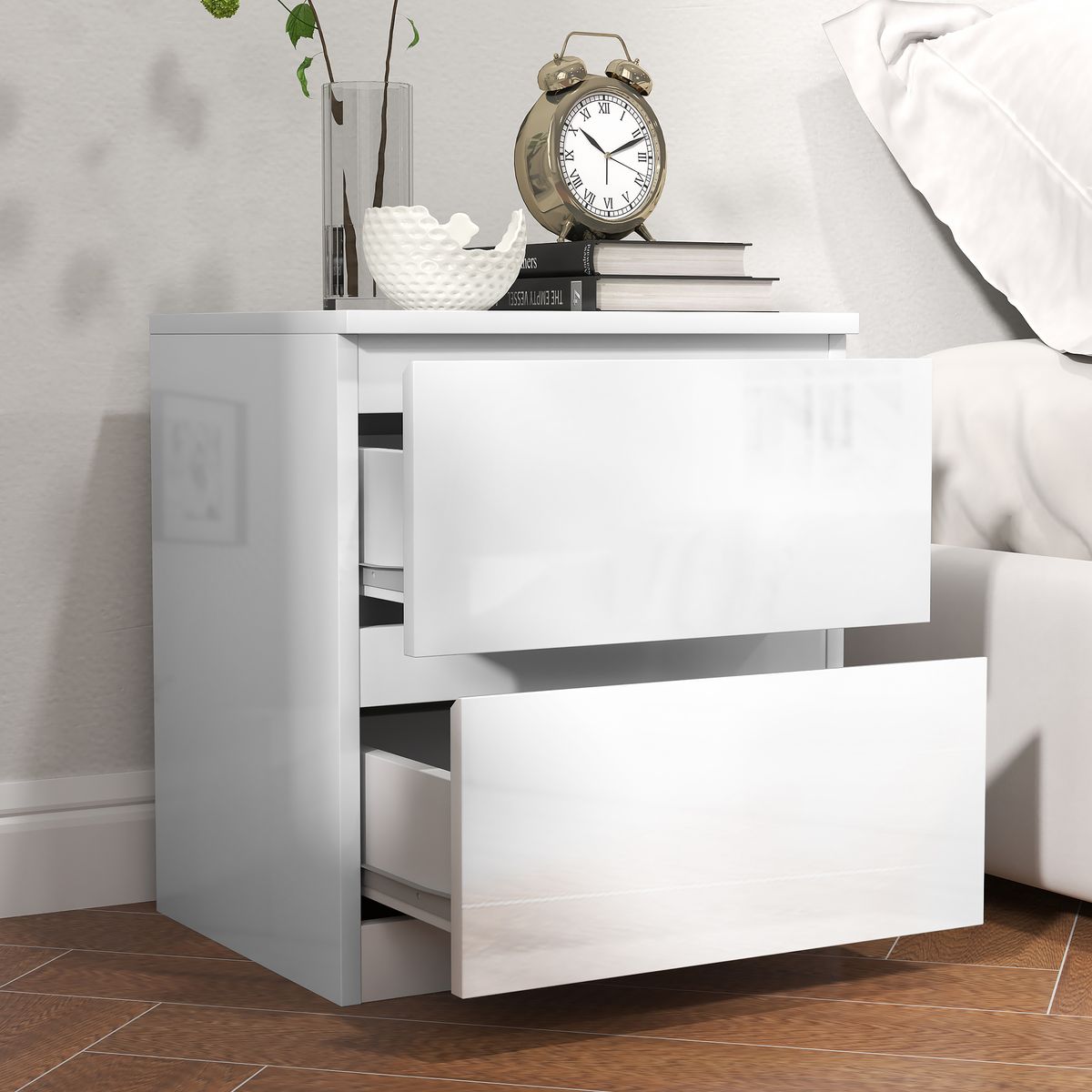 Mesita de noche Amazonita Homcom 2 cajones blanco brillo 45x40x34 cm interior