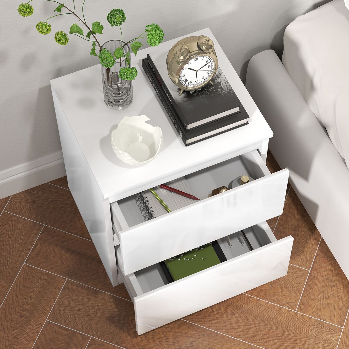Mesita de noche Amazonita Homcom 2 cajones blanco brillo 45x40x34 cm