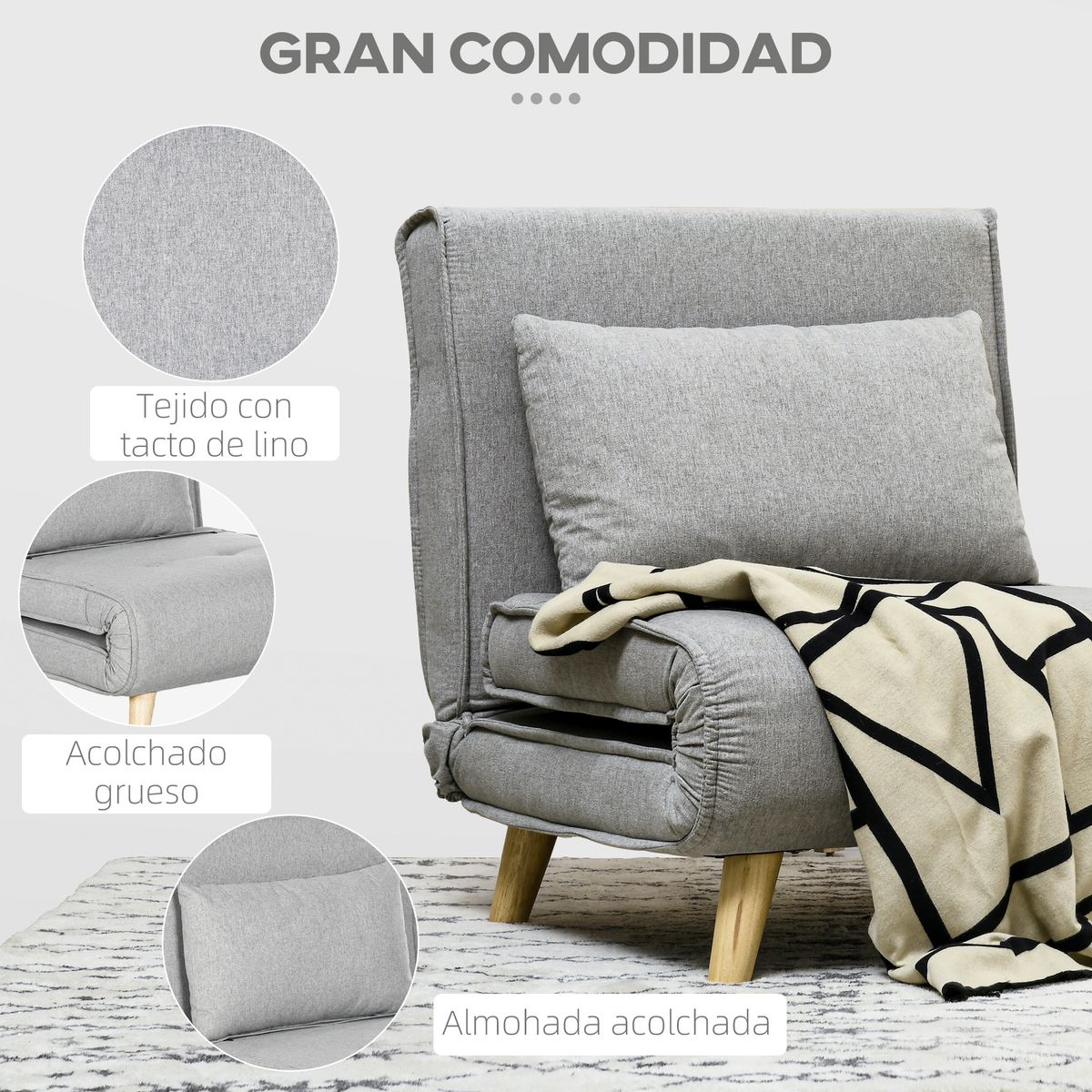 Sofá cama Martina Homcom respaldo ajustable 5 posiciones gris 79x72x78 cm