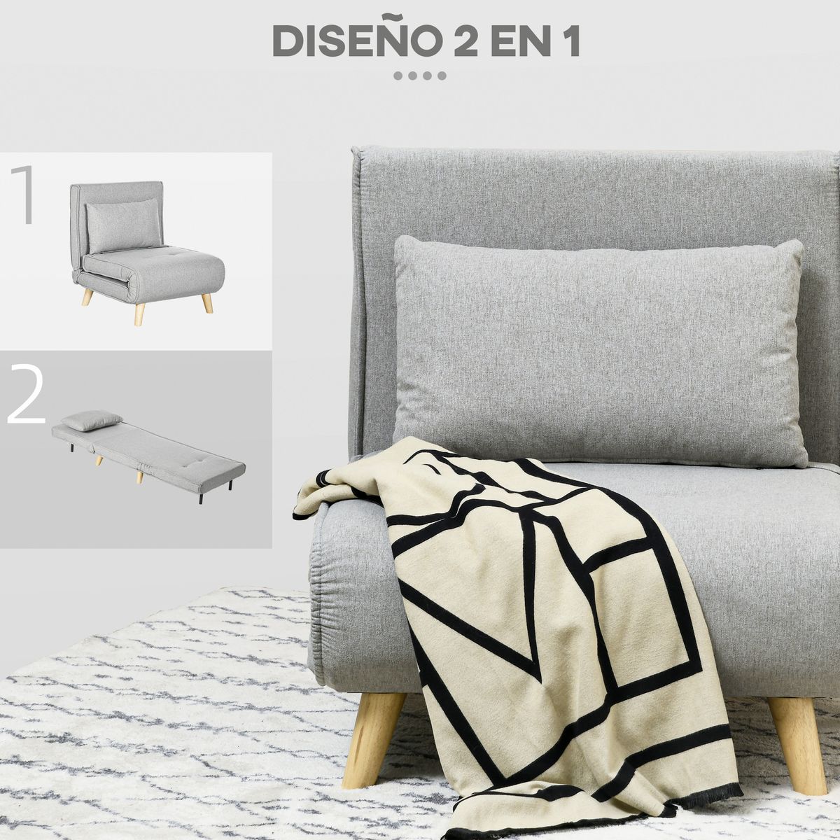 Sofá cama Martina Homcom respaldo ajustable 5 posiciones gris 79x72x78 cm