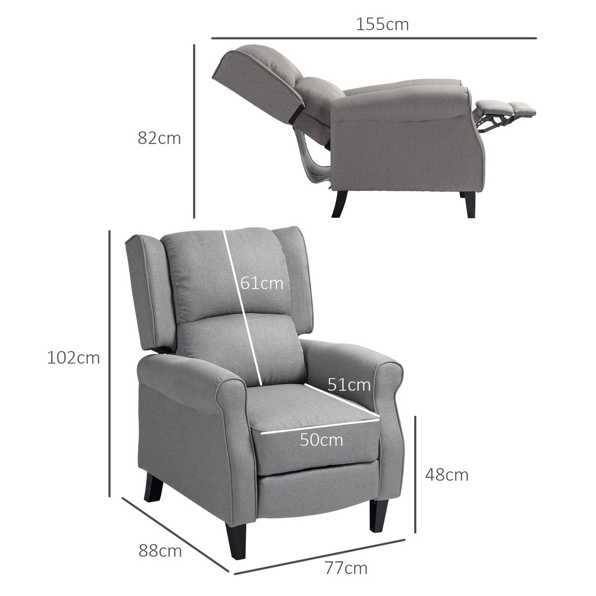Sillón relax Petite Homcom reclinable gris 102x77x88 cm medidas