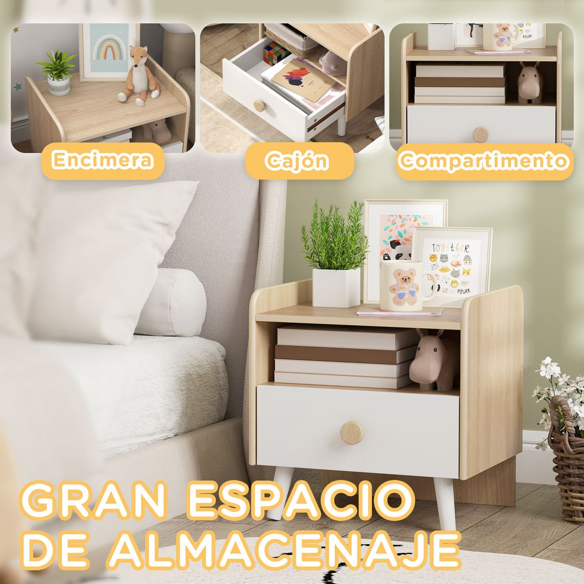 Mesita de noche infantil Drácena Aiyaplay 1 compartimento + cajón +3A blanco/natural 40x40x32,5 cm