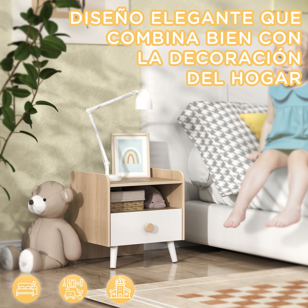 Mesita de noche infantil Drácena Aiyaplay 1 compartimento + cajón +3A blanco/natural 40x40x32,5 cm