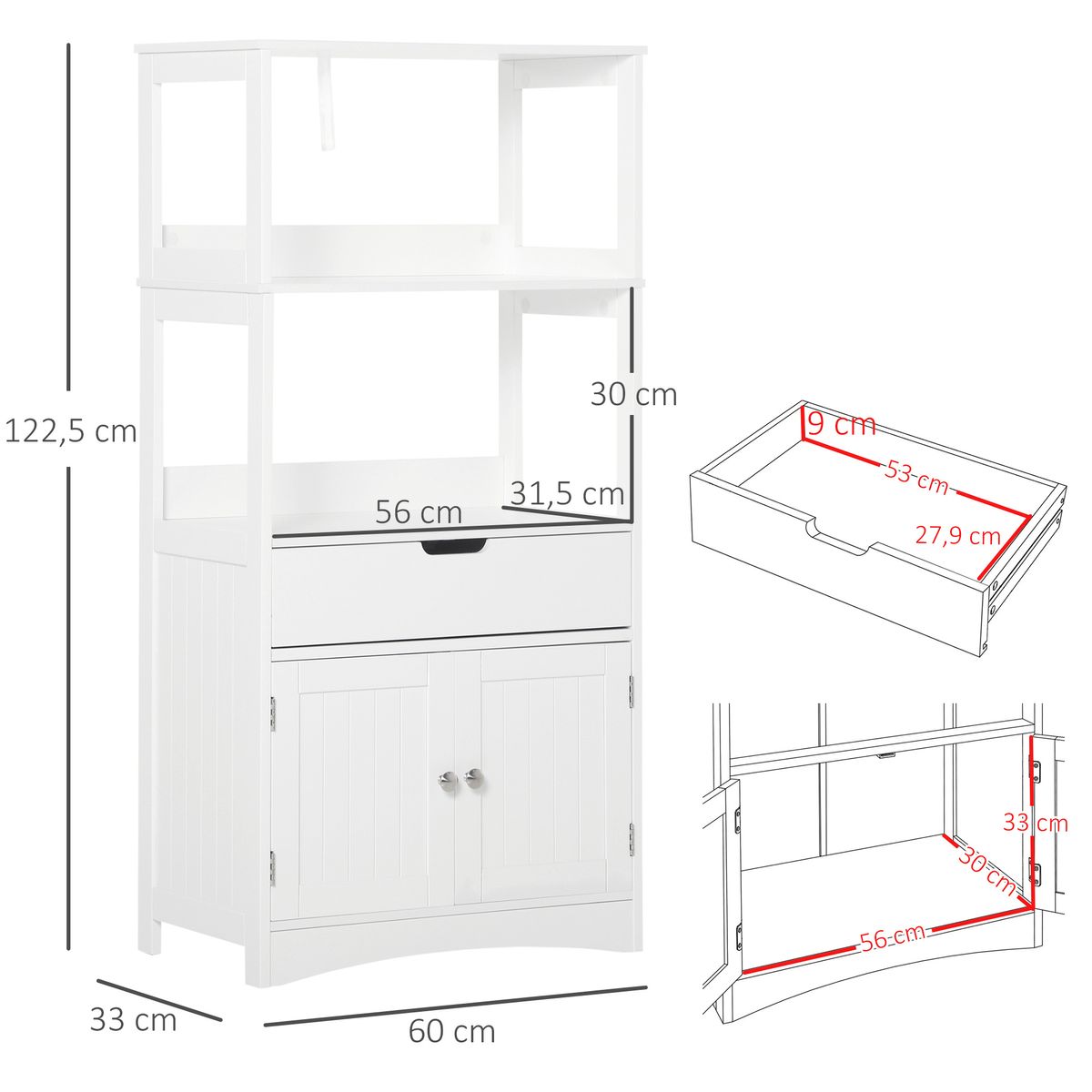 Armario auxiliar Olivo Kleankin 3 estantes + cajón + armario blanco 122,5x60x33 cm medidas