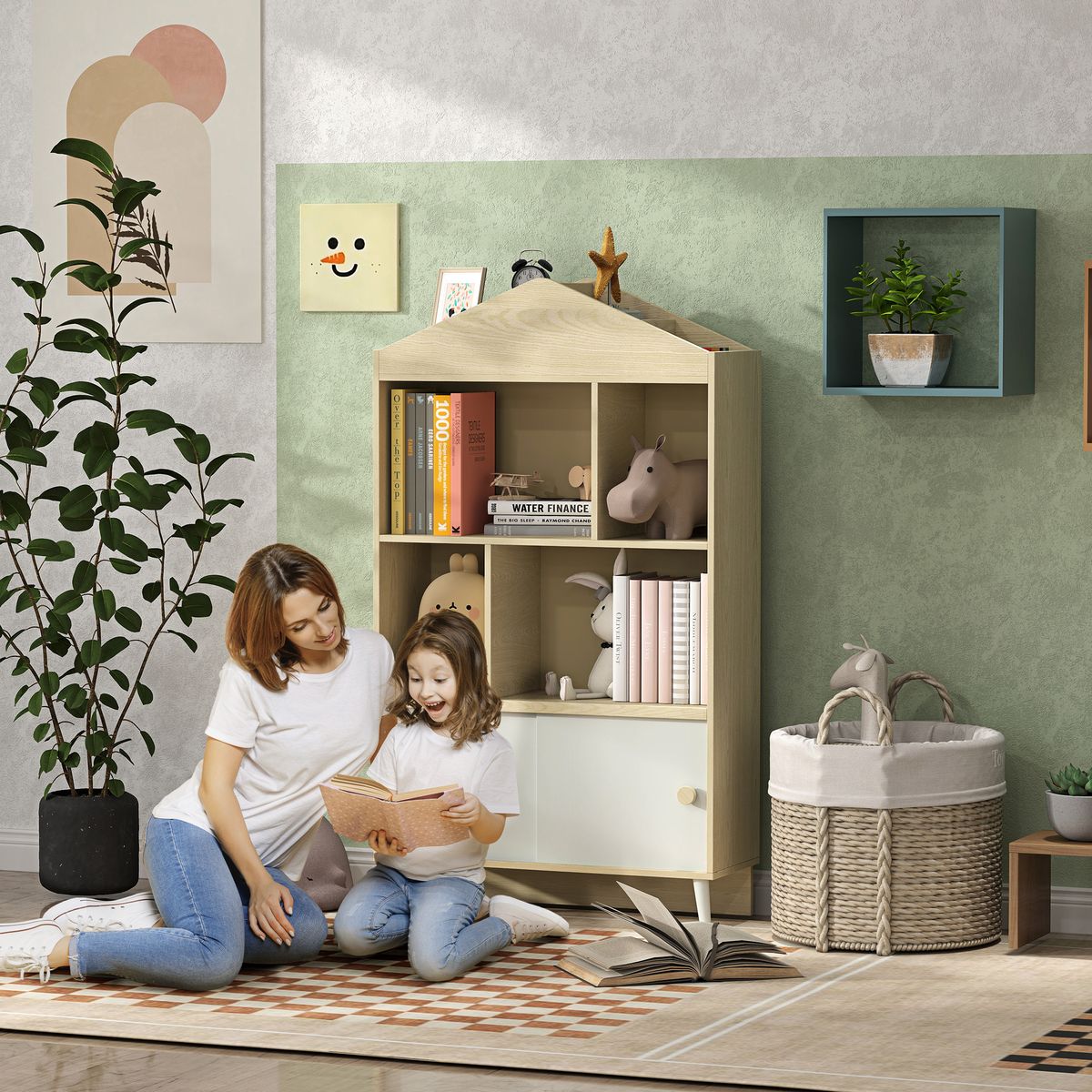 Estantería infantil Campanilla Aiyaplay 4 estantes + armario +3A blanco/natural 140,5x80x30 cm ambientada