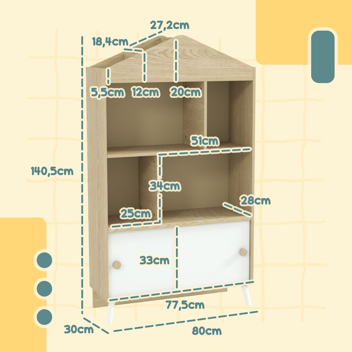 Estantería infantil Campanilla Aiyaplay 4 estantes + armario +3A blanco/natural 140,5x80x30 cm medidas