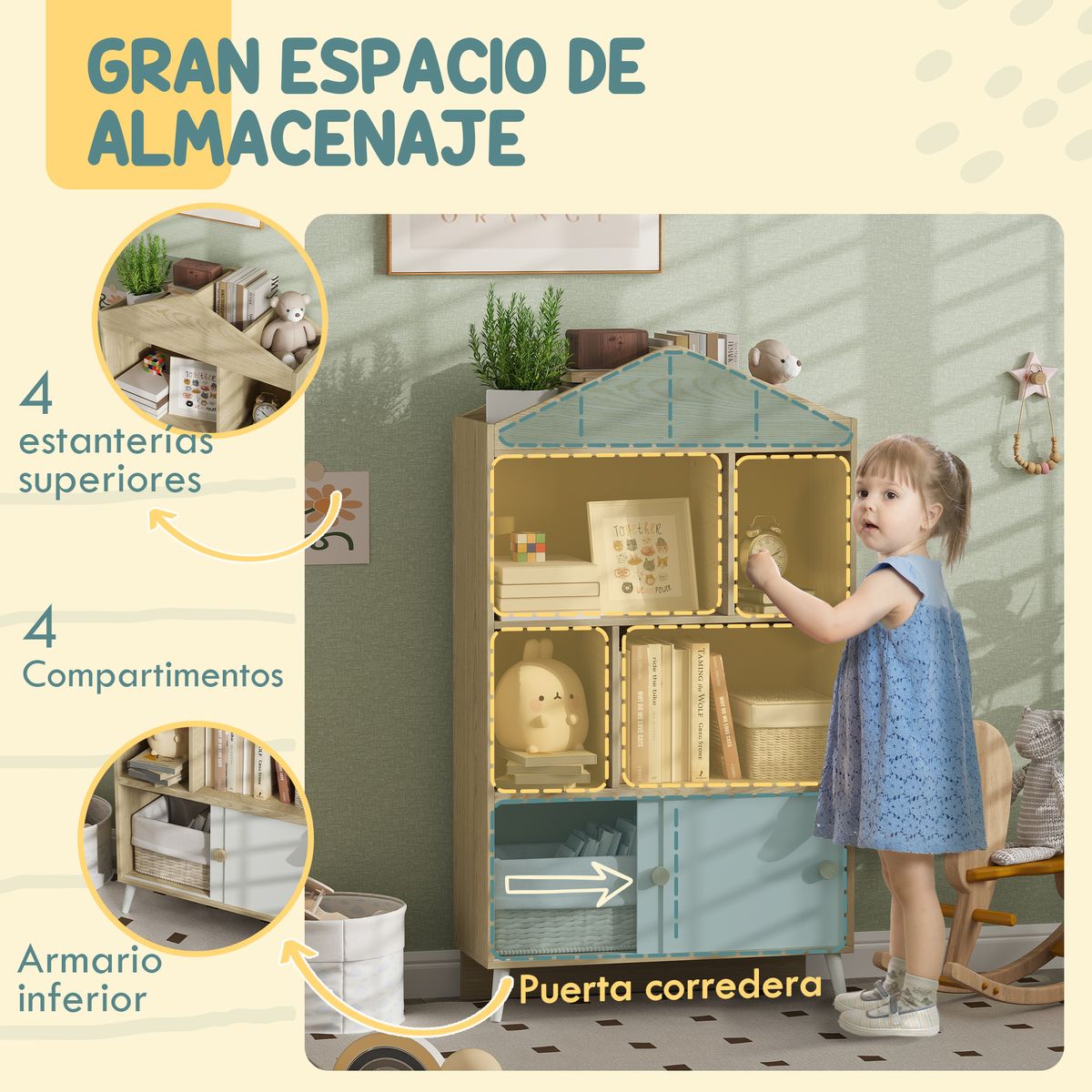 Estantería infantil Campanilla Aiyaplay 4 estantes + armario +3A blanco/natural 140,5x80x30 cm web
