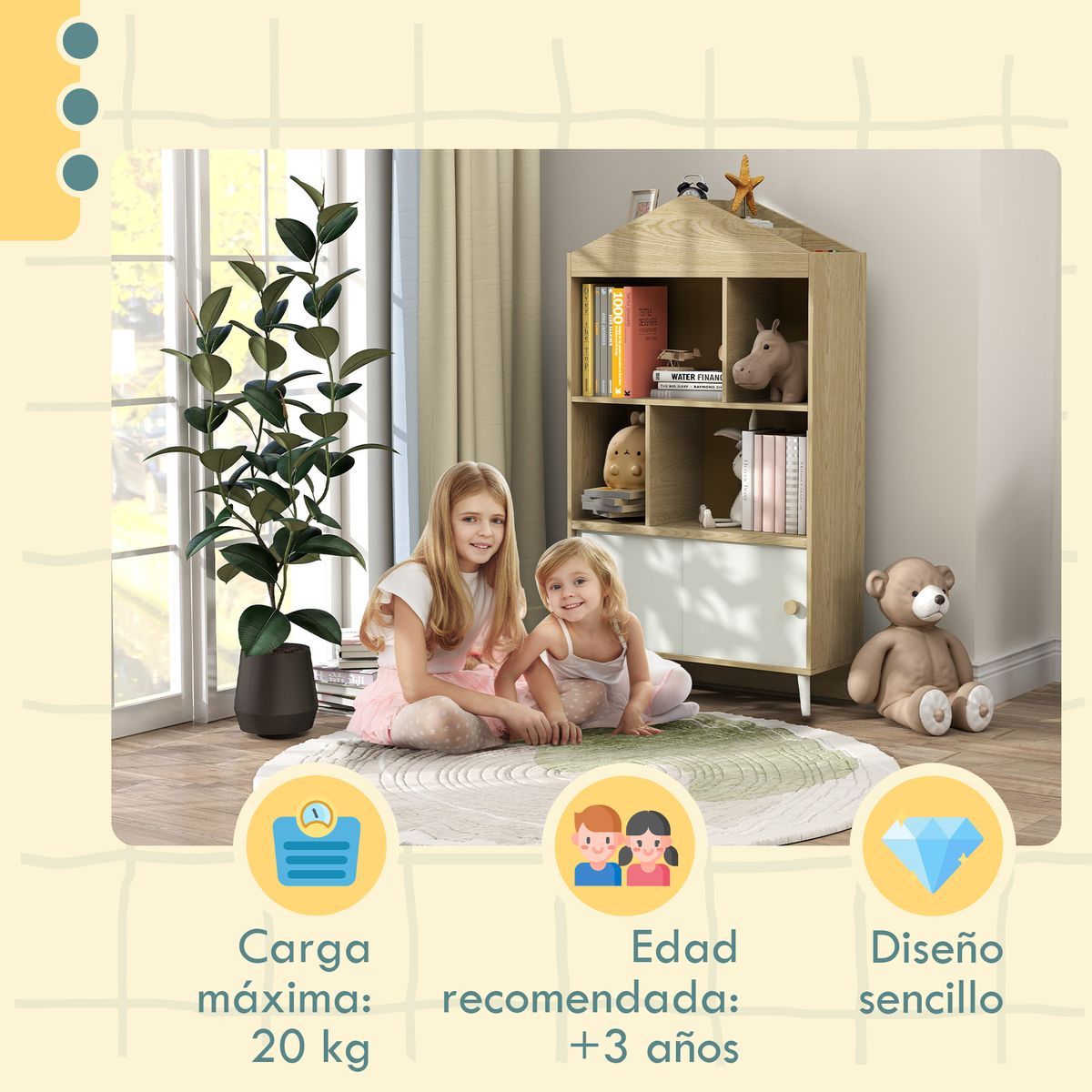 Estantería infantil Campanilla Aiyaplay 4 estantes + armario +3A blanco/natural 140,5x80x30 cm